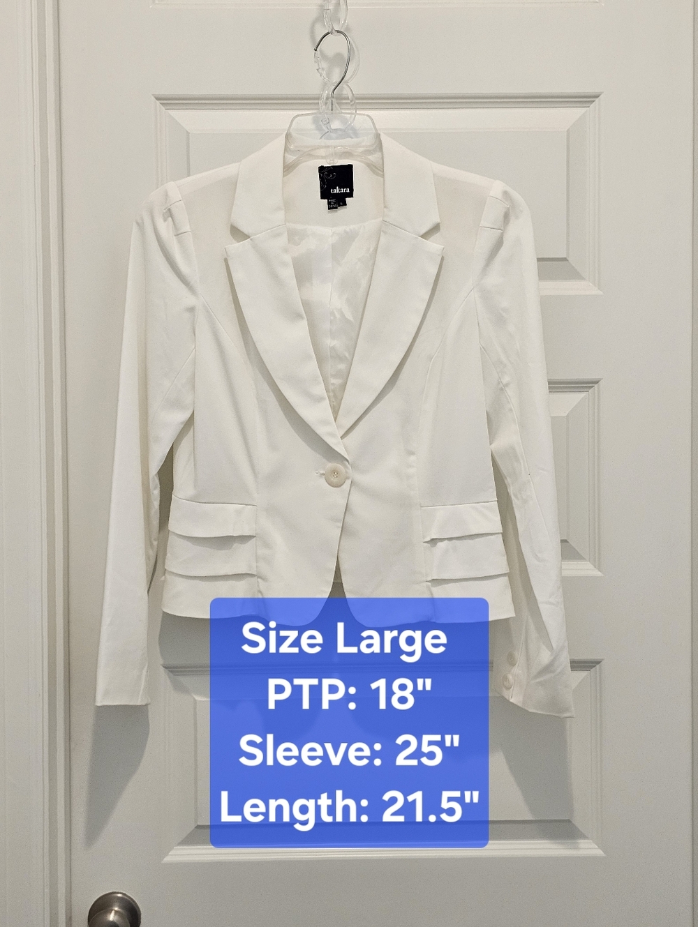 Takara White Tailored One-Button Blazer - Size Large - EUC